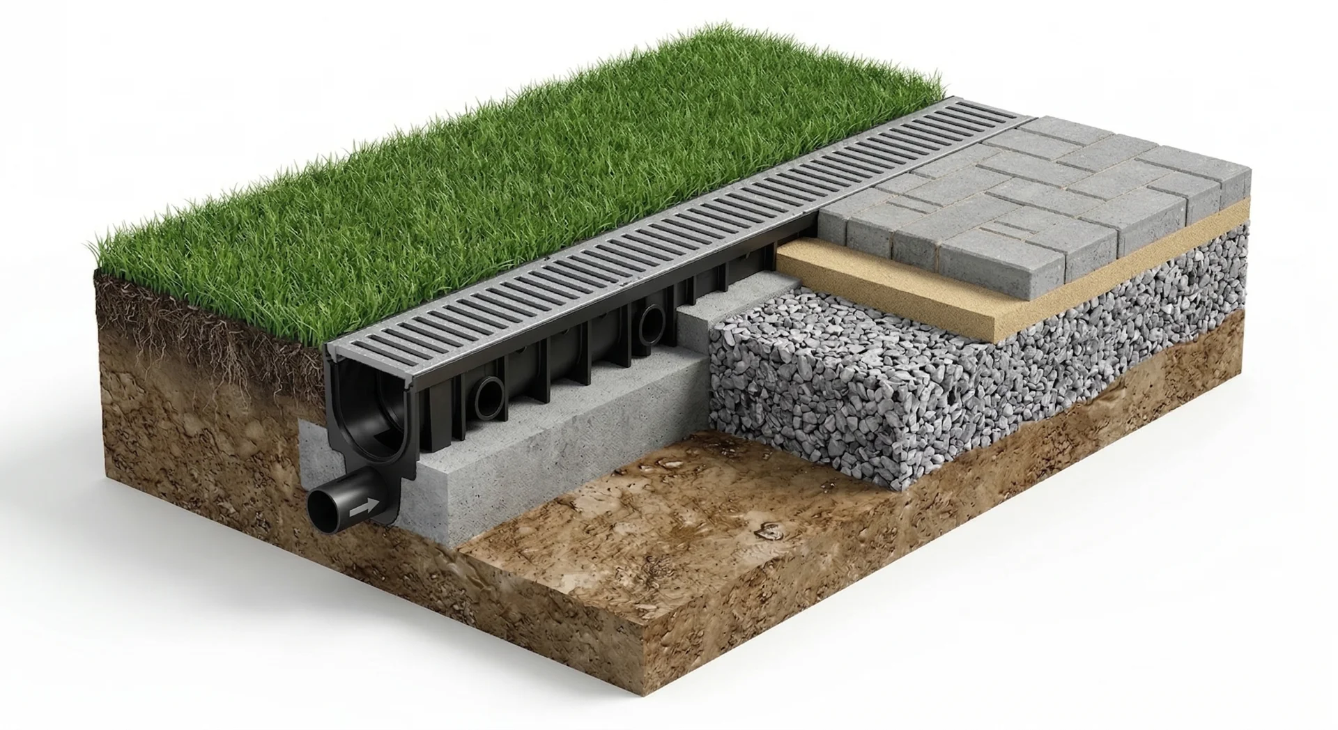 3D isometric cross-section of a trench drain system installed between turf and pavers, showing subterranean gravel layers.