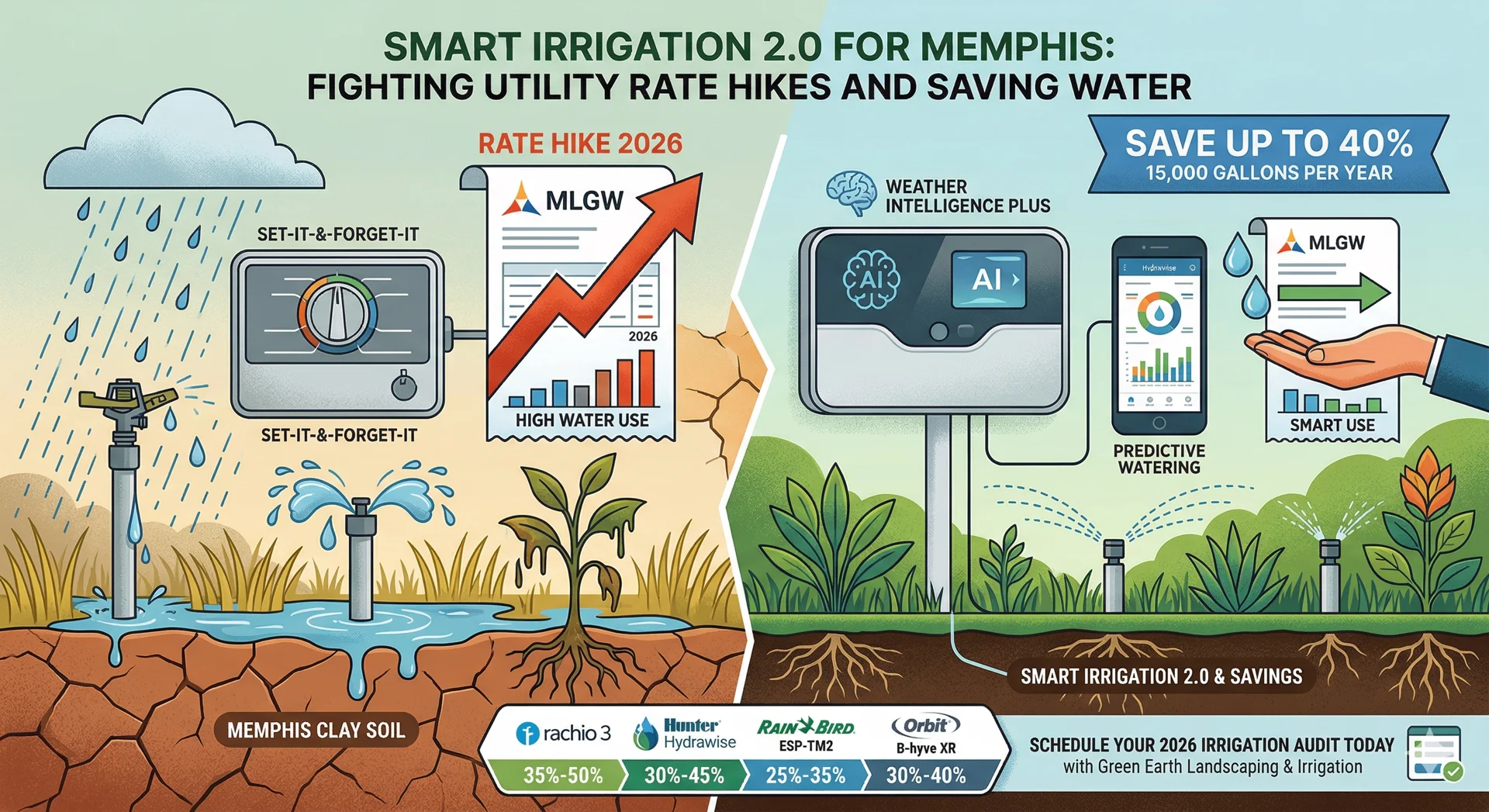 Infographic comparing traditional timers vs. Smart Irrigation 2.0. Shows MLGW 2026 rate hikes, overwatered Memphis clay soil, and AI controllers saving 40% water.