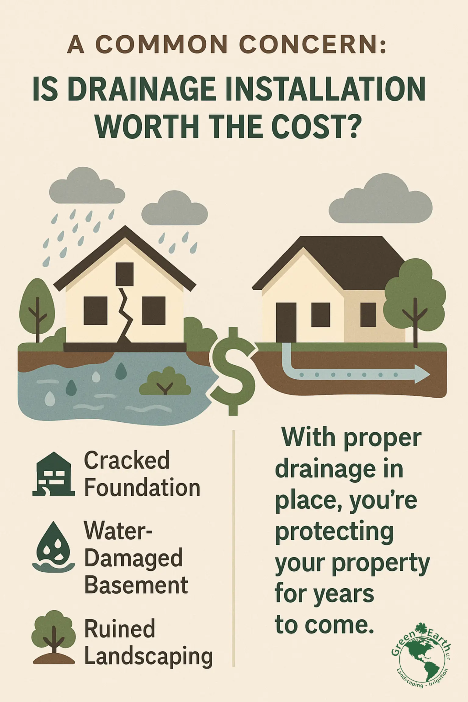Illustration explaining whether drainage installation is worth the cost for preventing yard flooding and water damage on Memphis-area residential properties