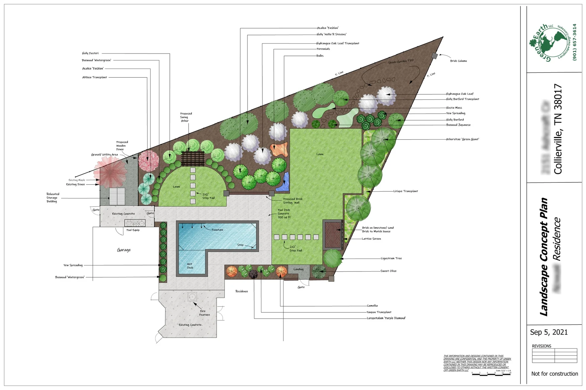 Green Earth LLC 2D landscape concept plan for a Collierville backyard with pool, lawn, and planting beds