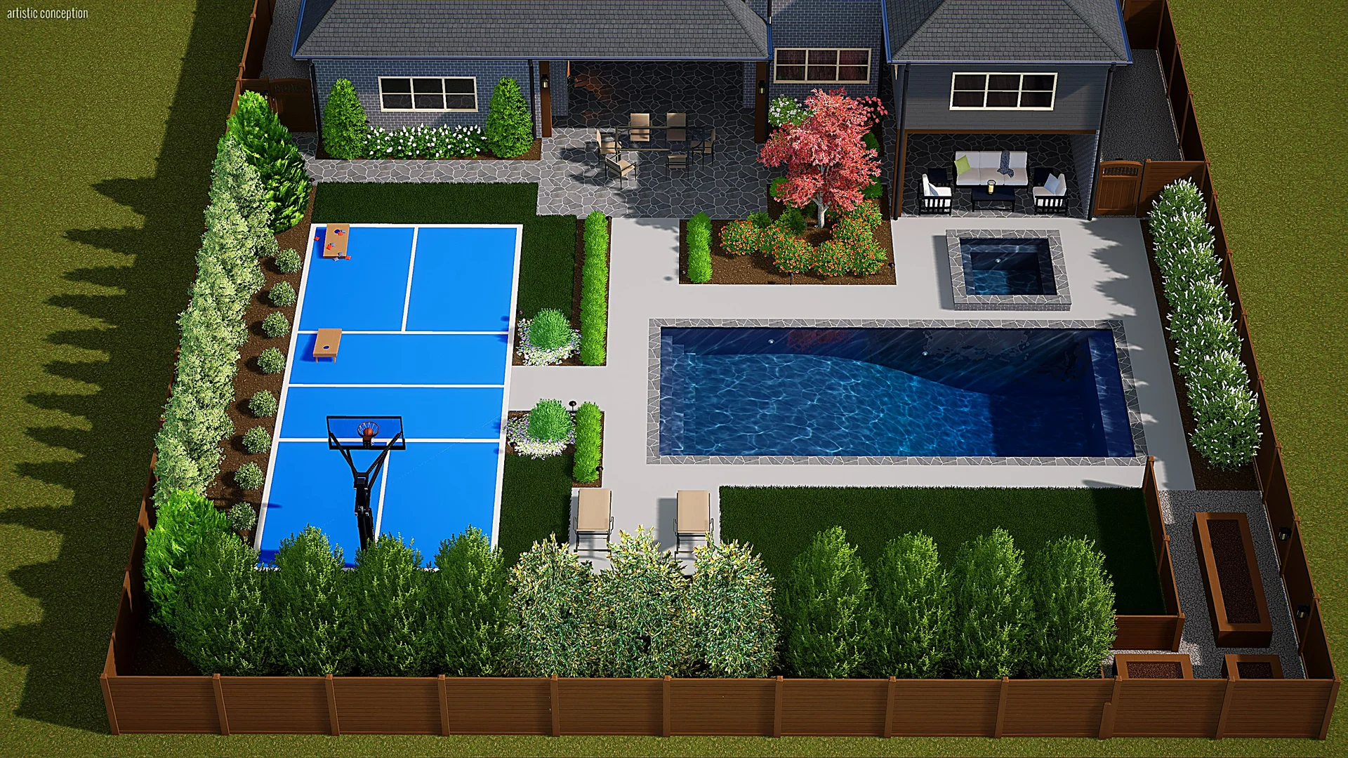 Green Earth LLC 3D landscape rendering of a Memphis area backyard with a pool, spa, and sport court