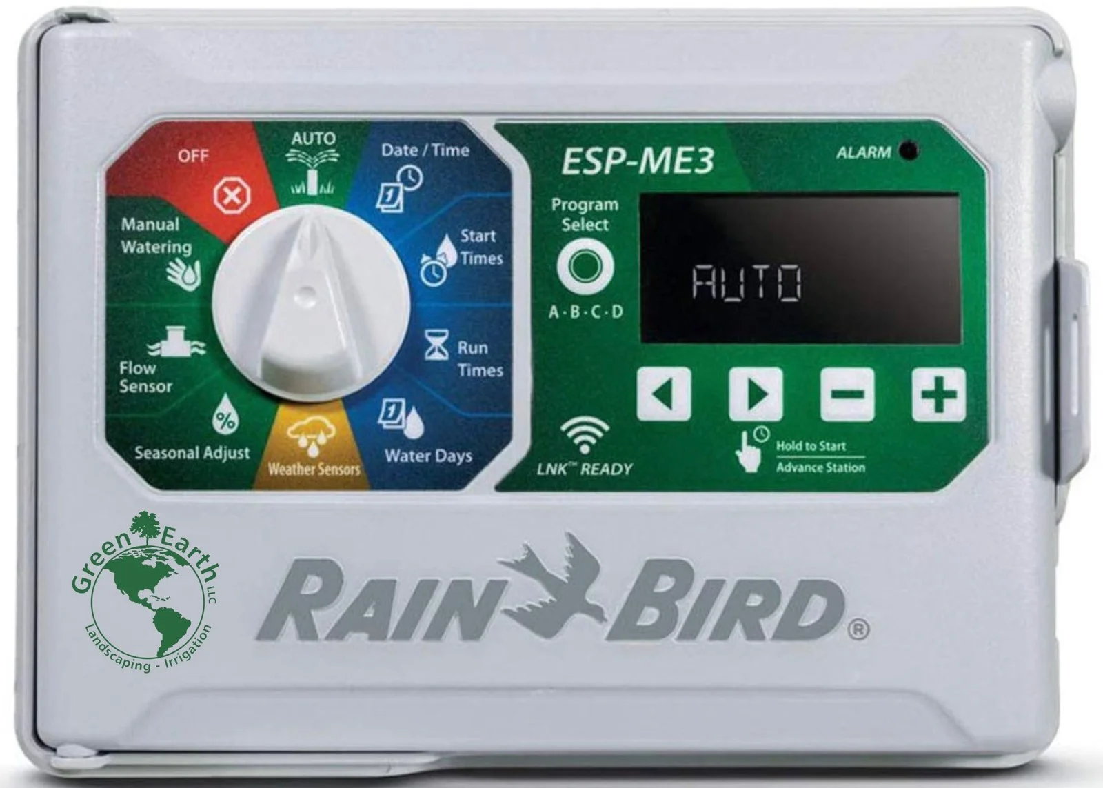 Rain Bird ESP-ME3 irrigation controller with Green Earth LLC logo for Memphis pro programming