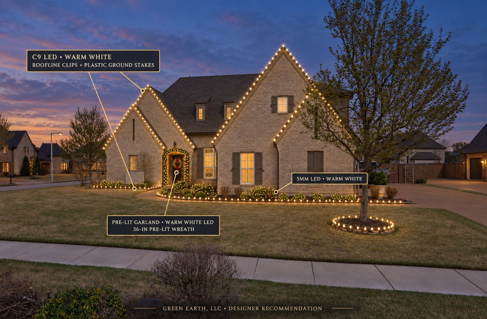 Two-story brick home at dusk with warm white Christmas lights on the roofline, entry garland, and landscaping, labeled as a Green Earth designer recommendation