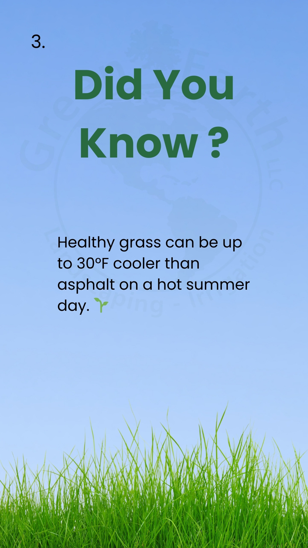 Did You Know card: healthy grass can be up to 30 degrees Fahrenheit cooler than asphalt