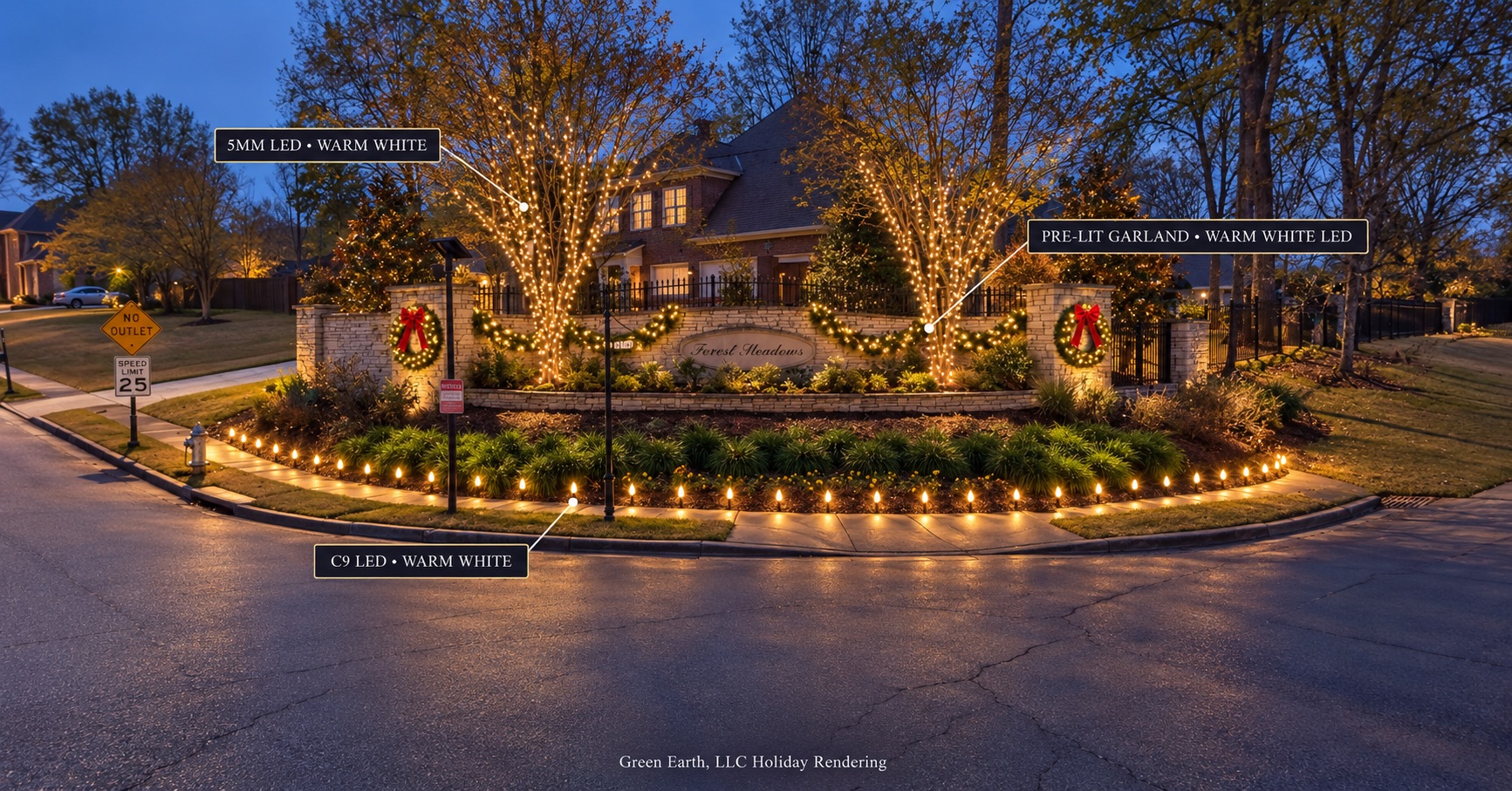 Forest Meadows neighborhood entrance at blue hour with Green Earth holiday lighting on trees, wreaths, and C9 stake lights