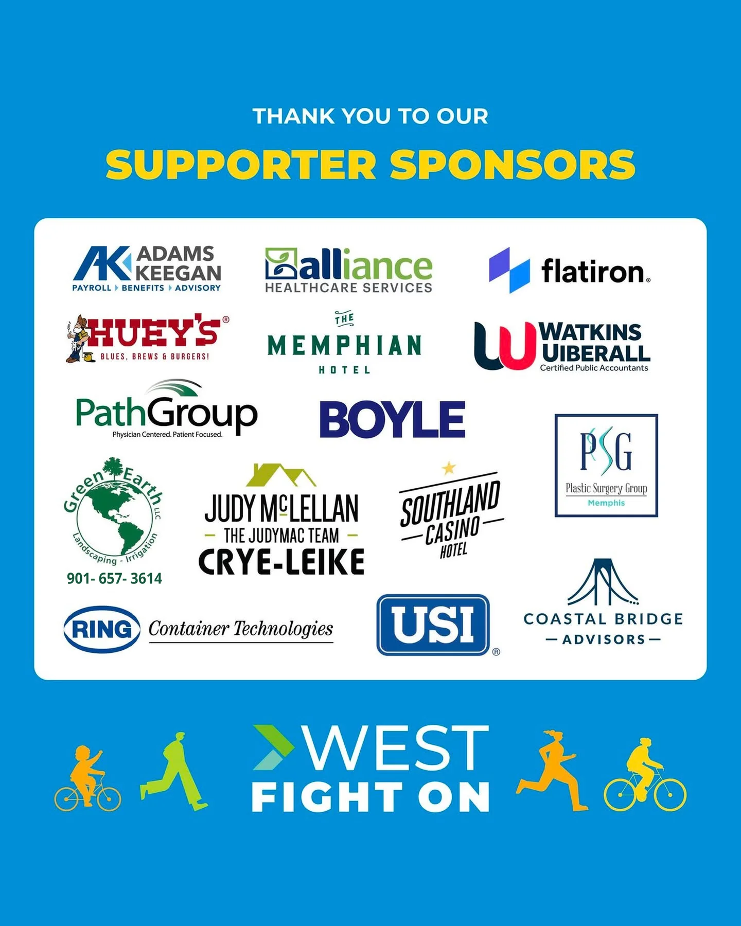 West Fight On 2026 Supporter Sponsors graphic thanking sponsors including Green Earth LLC